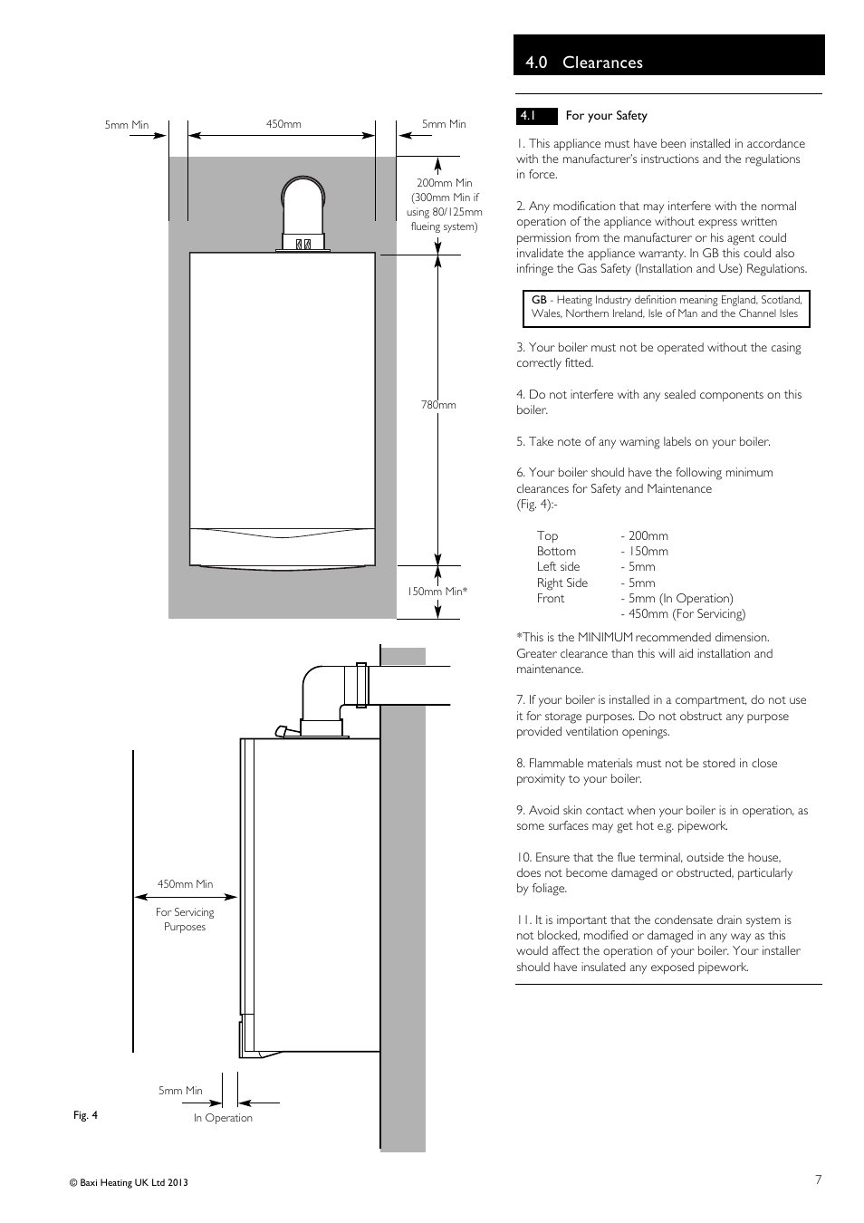 0 clearances | Baxi Potterton Condensing Combination Boiler Promax Combi 24 HE Plus A User Manual | Page 7 / 12