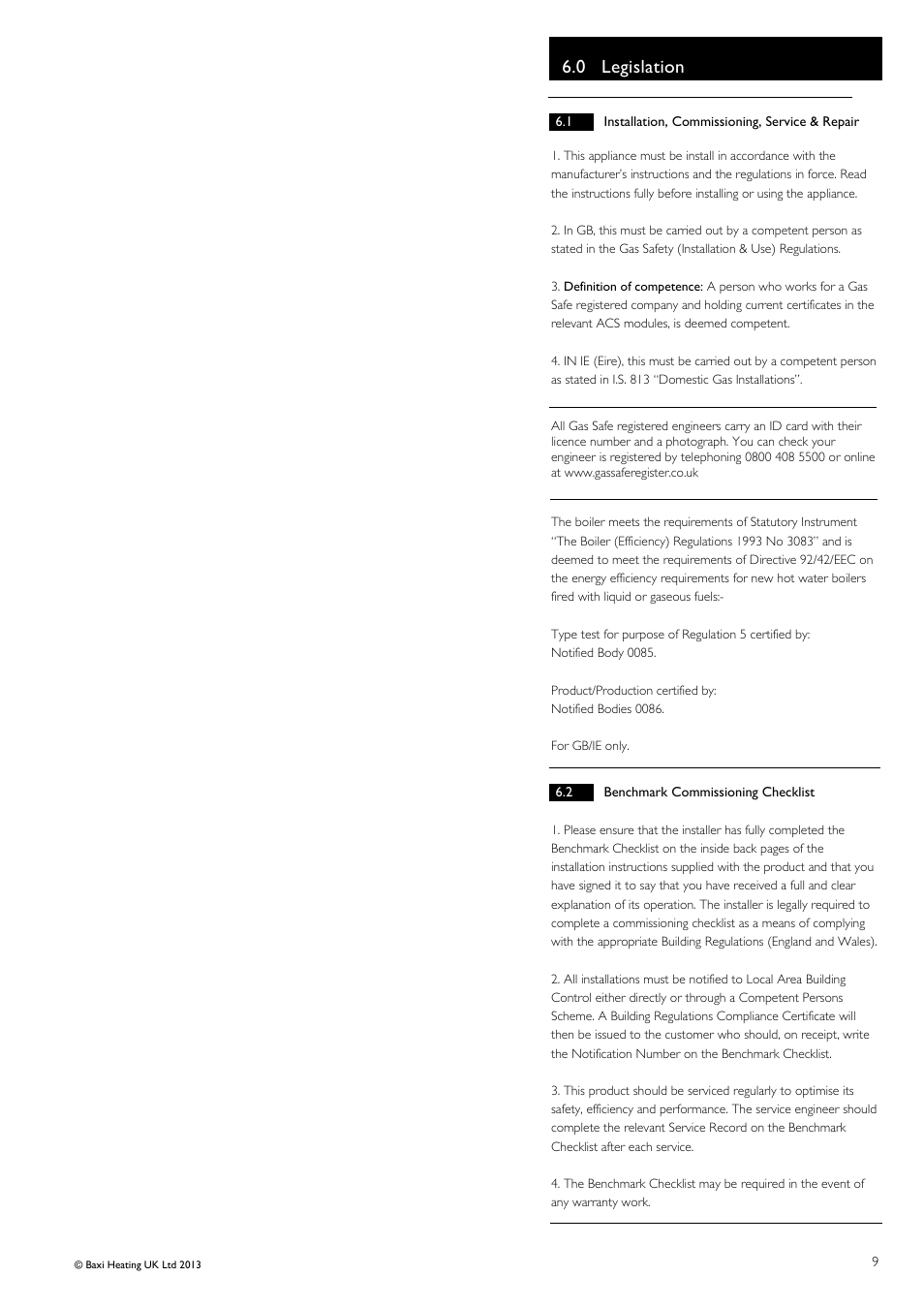 0 legislation | Baxi Potterton Condensing Combination Boiler Promax Combi 24 HE Plus A User Manual | Page 9 / 12
