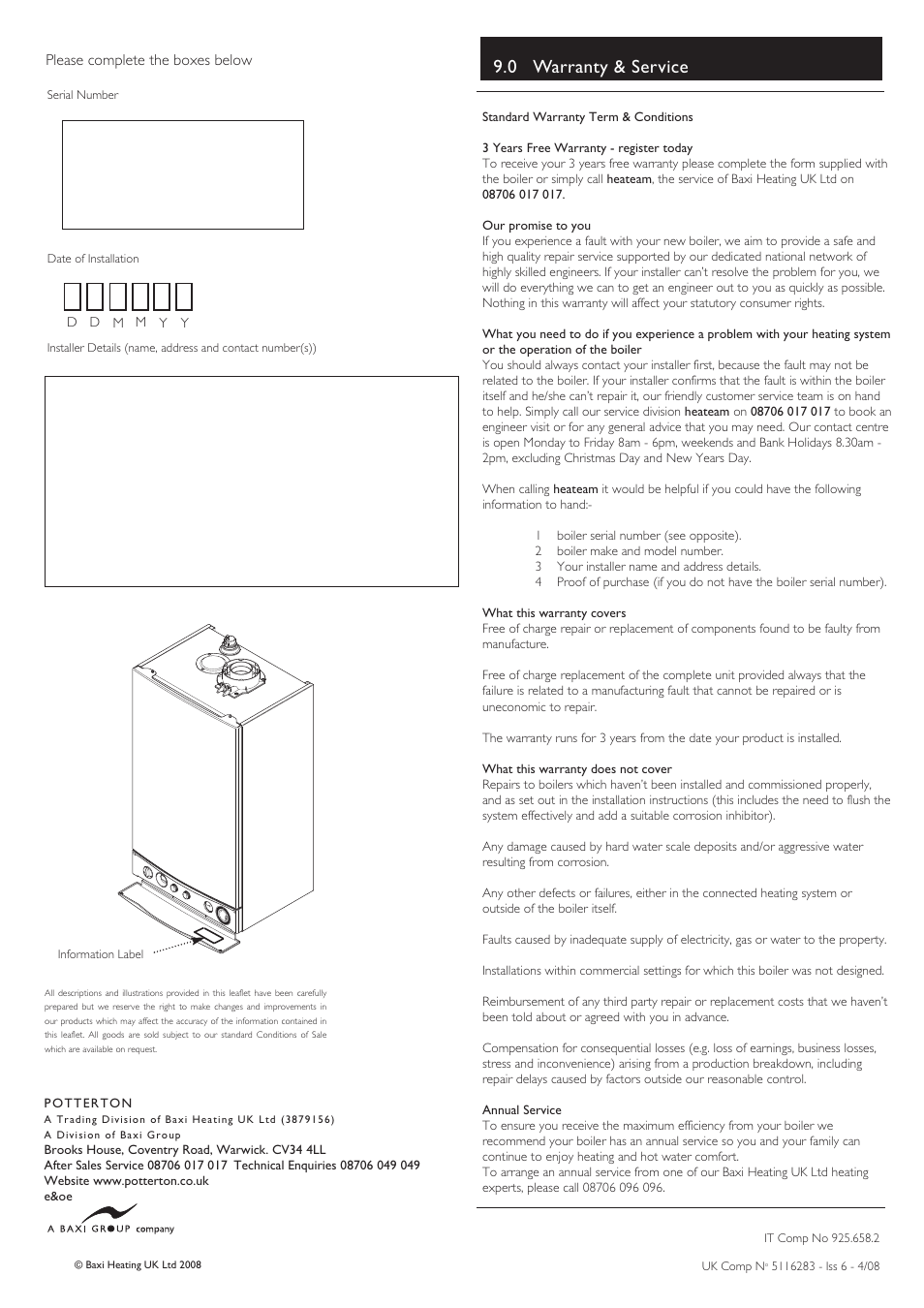 0 warranty & service, Please complete the boxes below | Baxi Potterton Cold HE A User Manual | Page 12 / 12