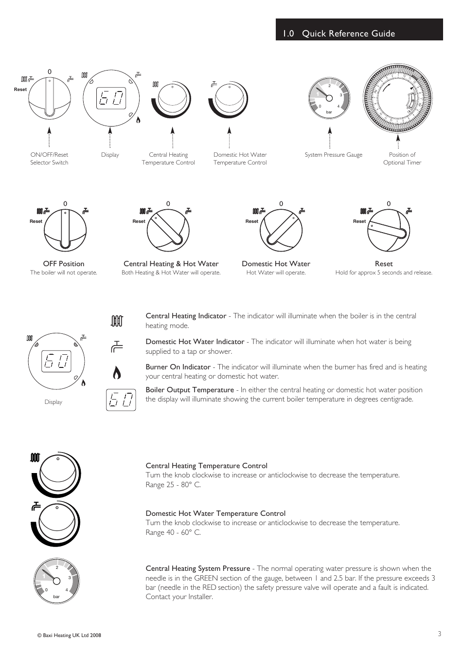 0 quick reference guide, Off position, Central heating & hot water | Reset, Domestic hot water | Baxi Potterton Cold HE A User Manual | Page 3 / 12