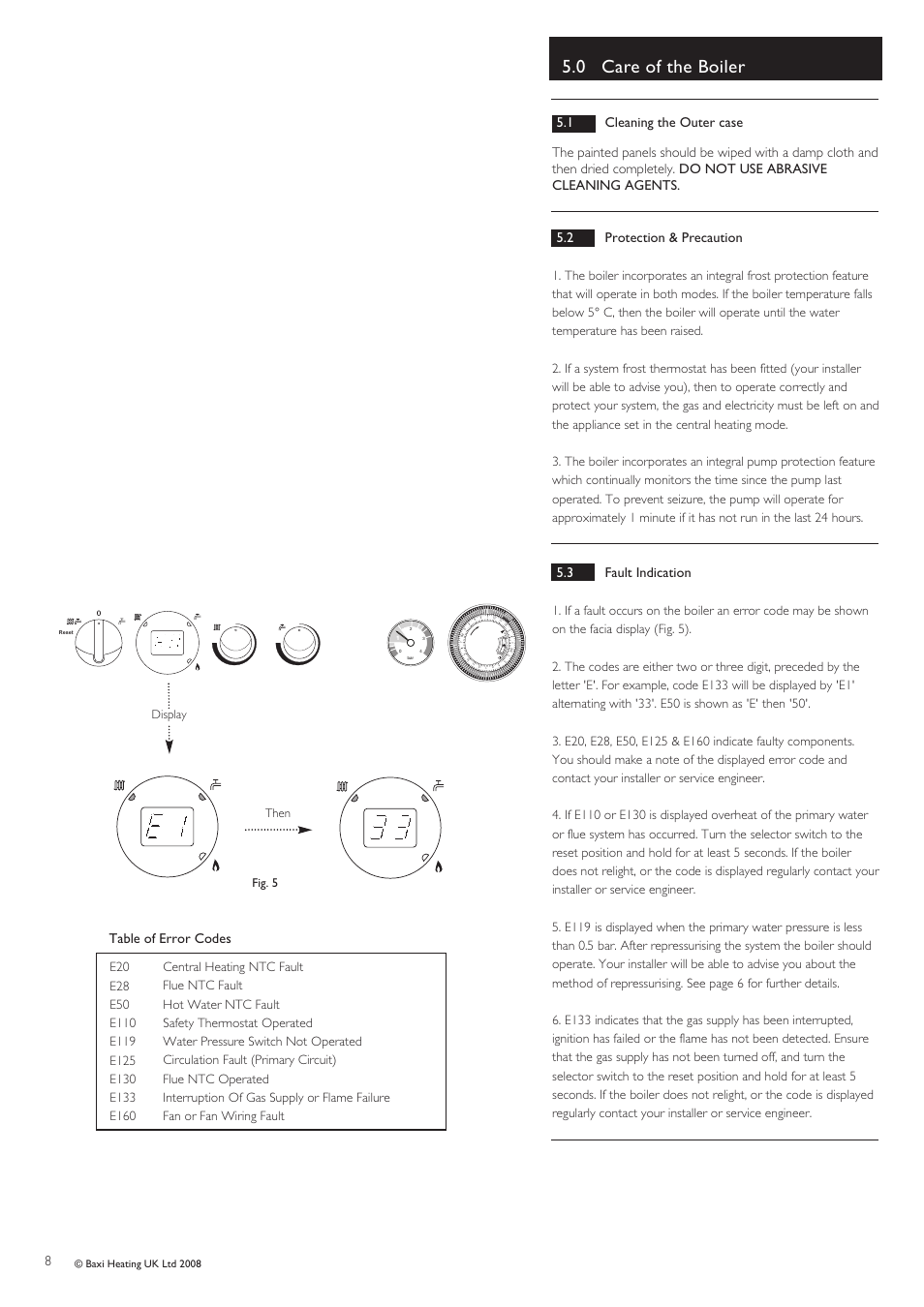 0 care of the boiler, 3 fault indication, Table of error codes | Baxi Potterton Cold HE A User Manual | Page 8 / 12
