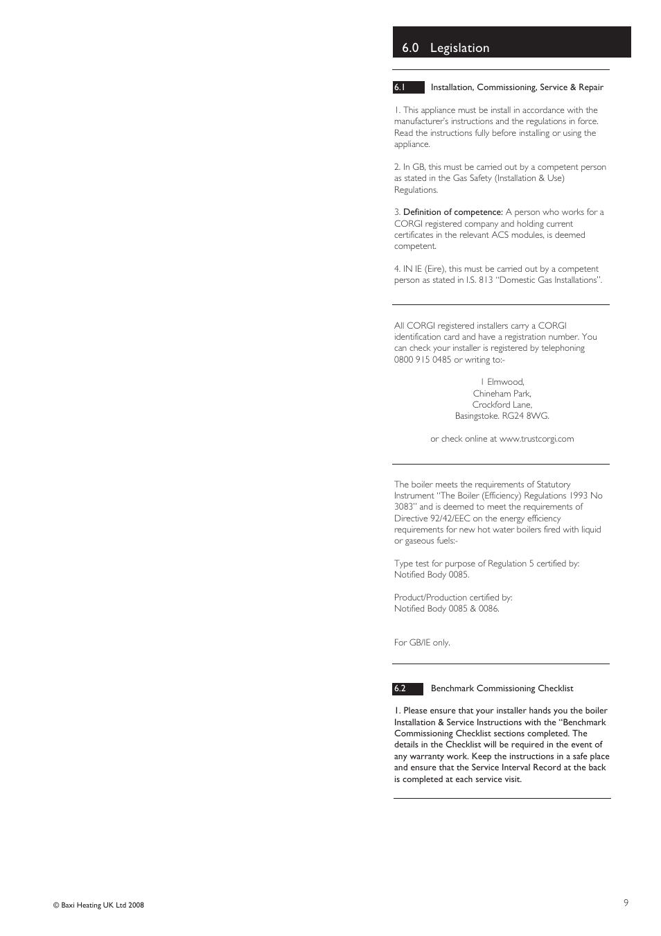 0 legislation | Baxi Potterton Cold HE A User Manual | Page 9 / 12