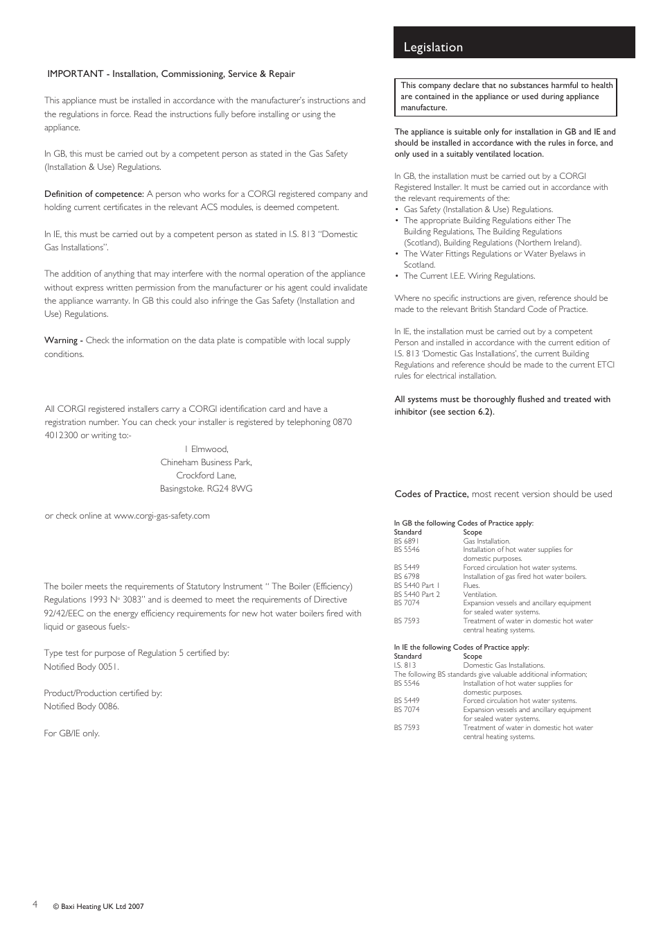 Legislation | Baxi Potterton PERFORMA 30 HE User Manual | Page 4 / 56