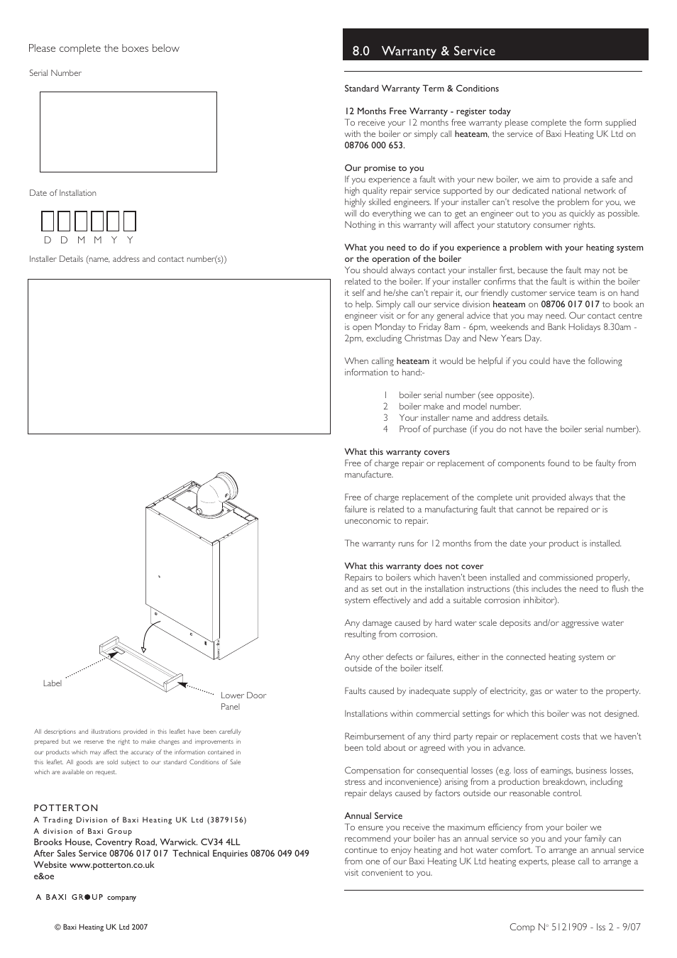 0 warranty & service, Please complete the boxes below | Baxi Potterton Promax SL User Manual | Page 12 / 12