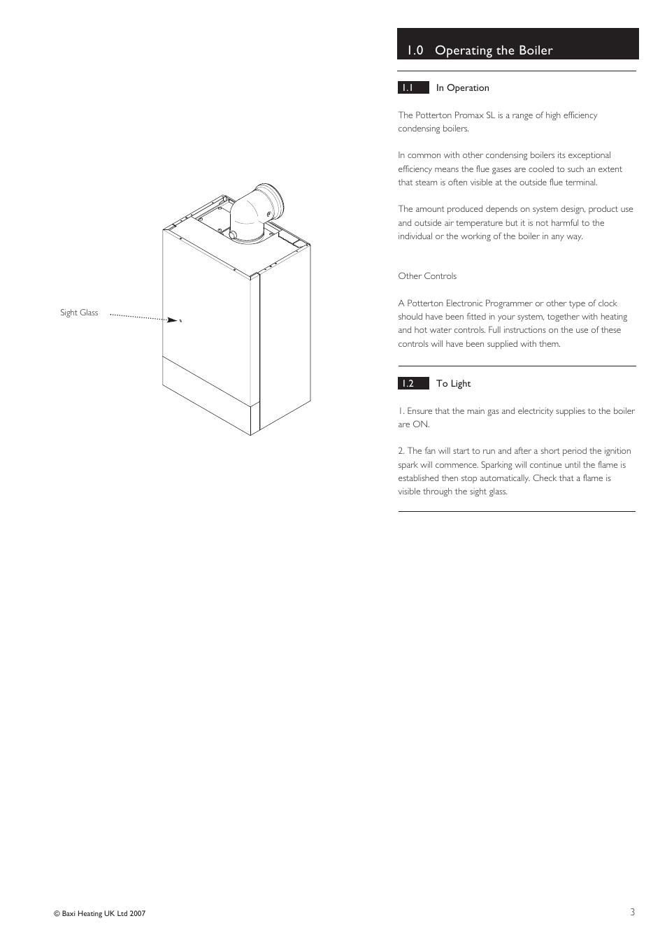 0 operating the boiler | Baxi Potterton Promax SL User Manual | Page 3 / 12