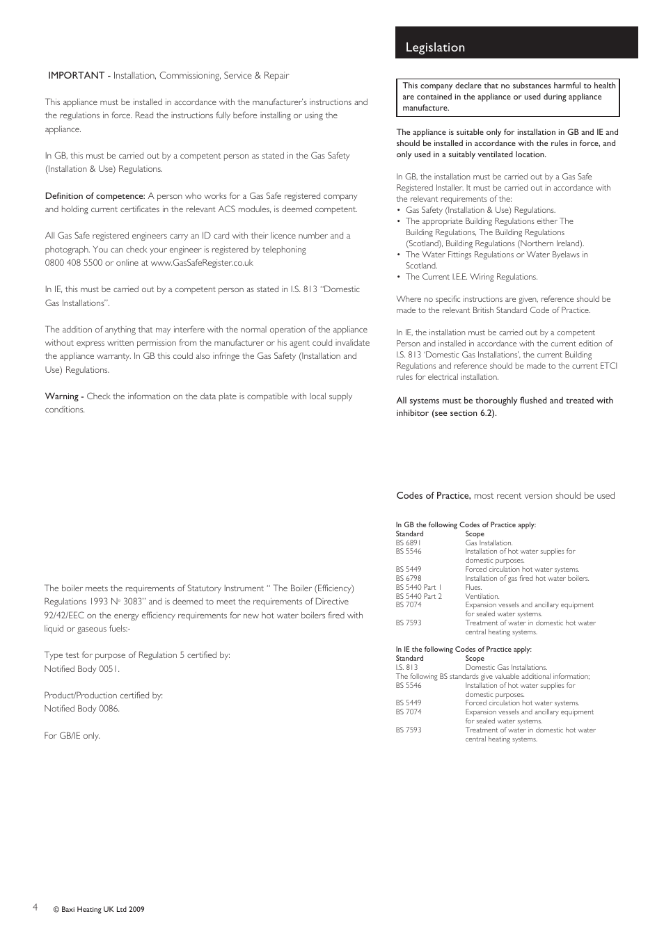 Legislation | Baxi Potterton Condensing Combination Boiler Performa 24 Eco HE User Manual | Page 4 / 56