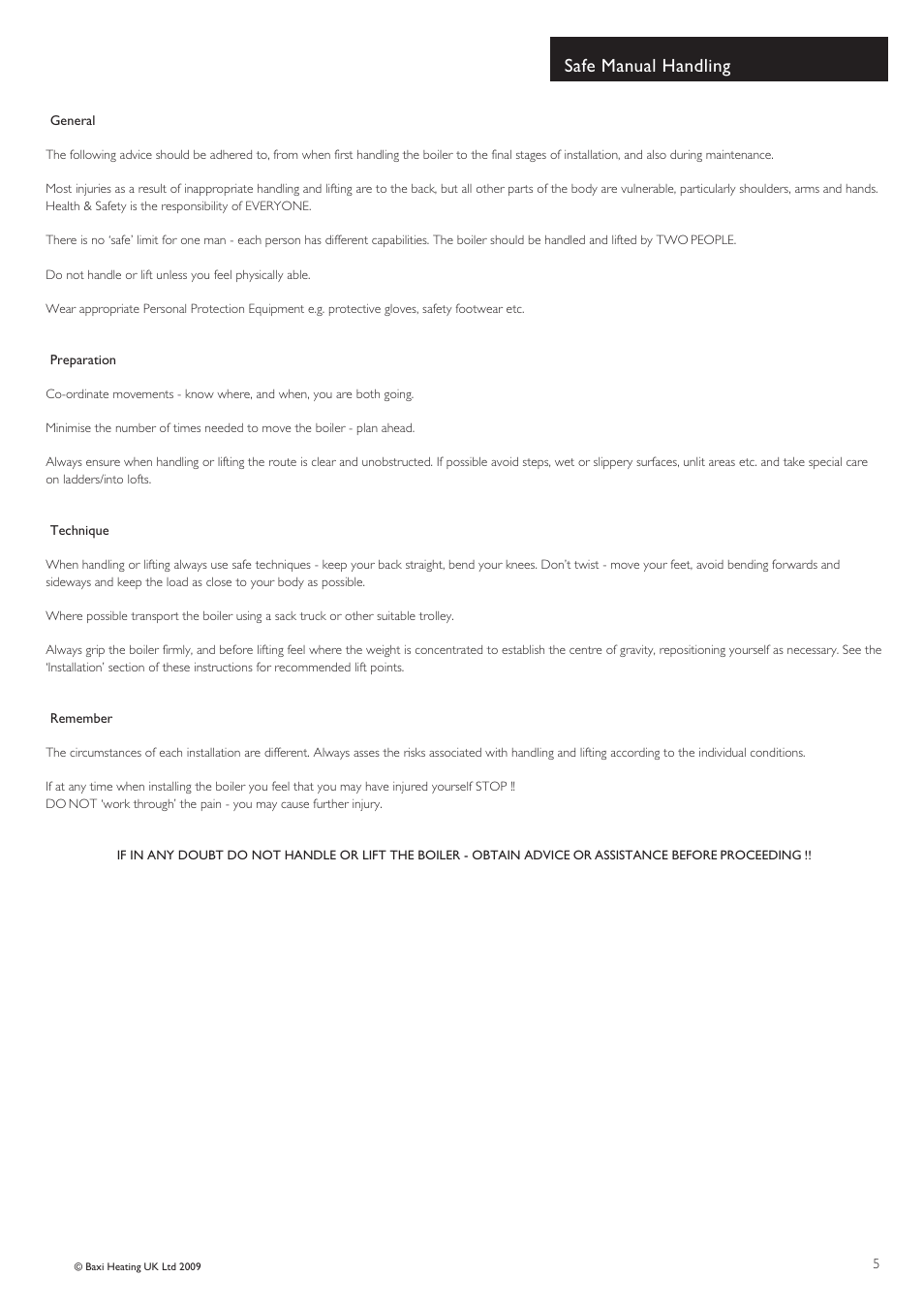 Safe manual handling | Baxi Potterton Condensing Combination Boiler Performa 24 Eco HE User Manual | Page 5 / 56