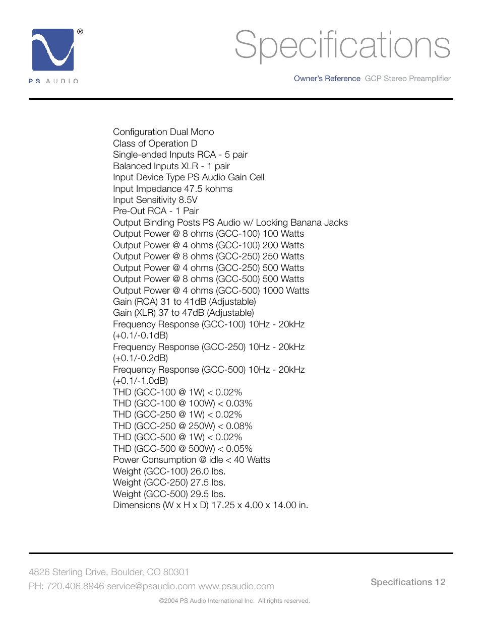 Specifi cations | PSA GCC-500 User Manual | Page 18 / 24