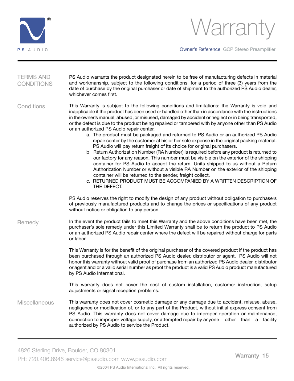 Warranty | PSA GCC-500 User Manual | Page 19 / 24