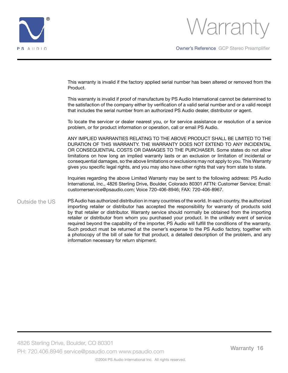 Warranty | PSA GCC-500 User Manual | Page 20 / 24