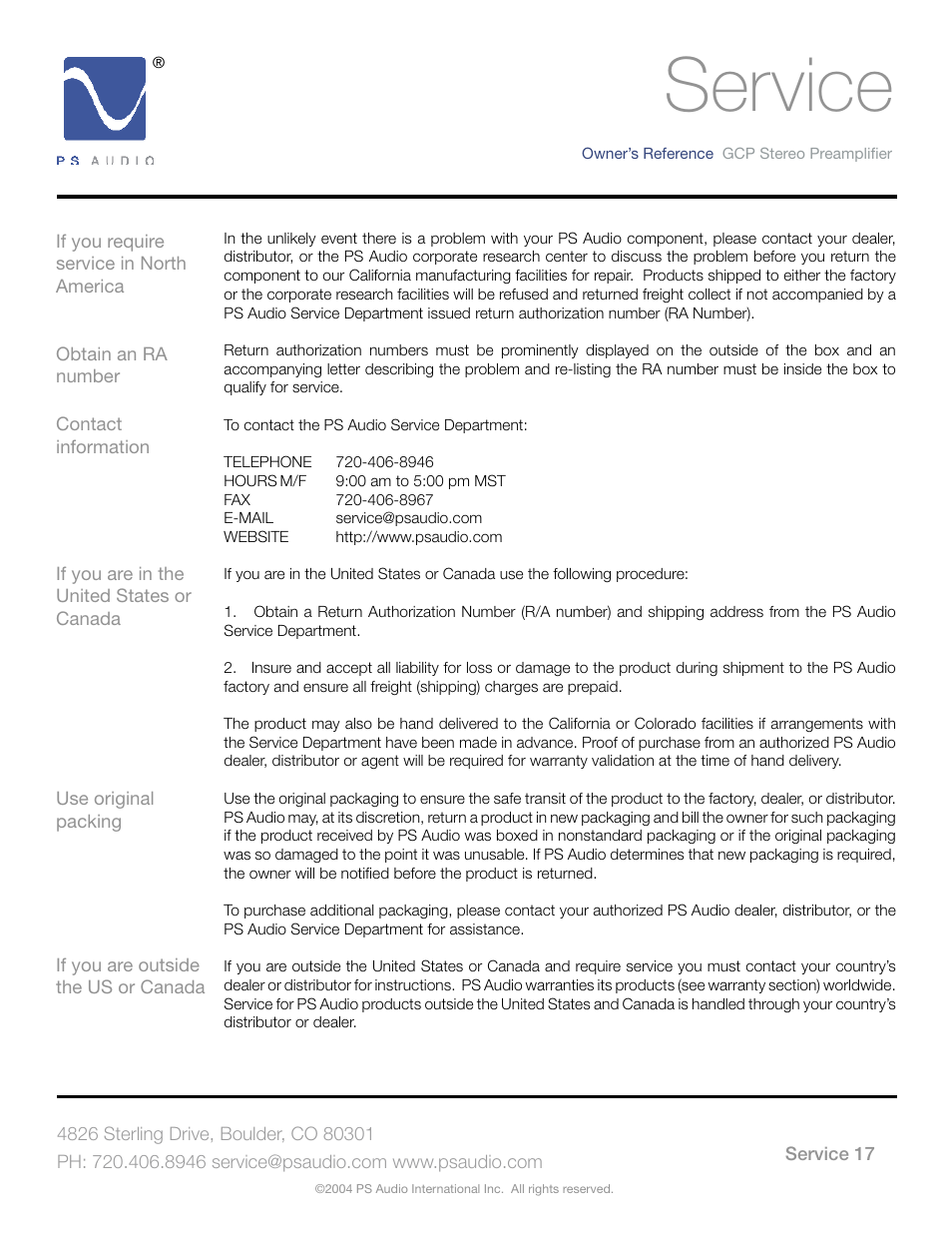 Service | PSA GCC-500 User Manual | Page 21 / 24