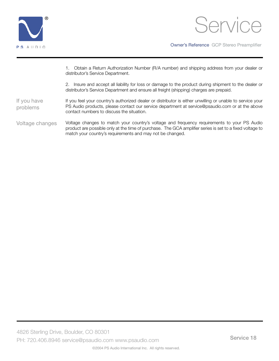 Service | PSA GCC-500 User Manual | Page 22 / 24