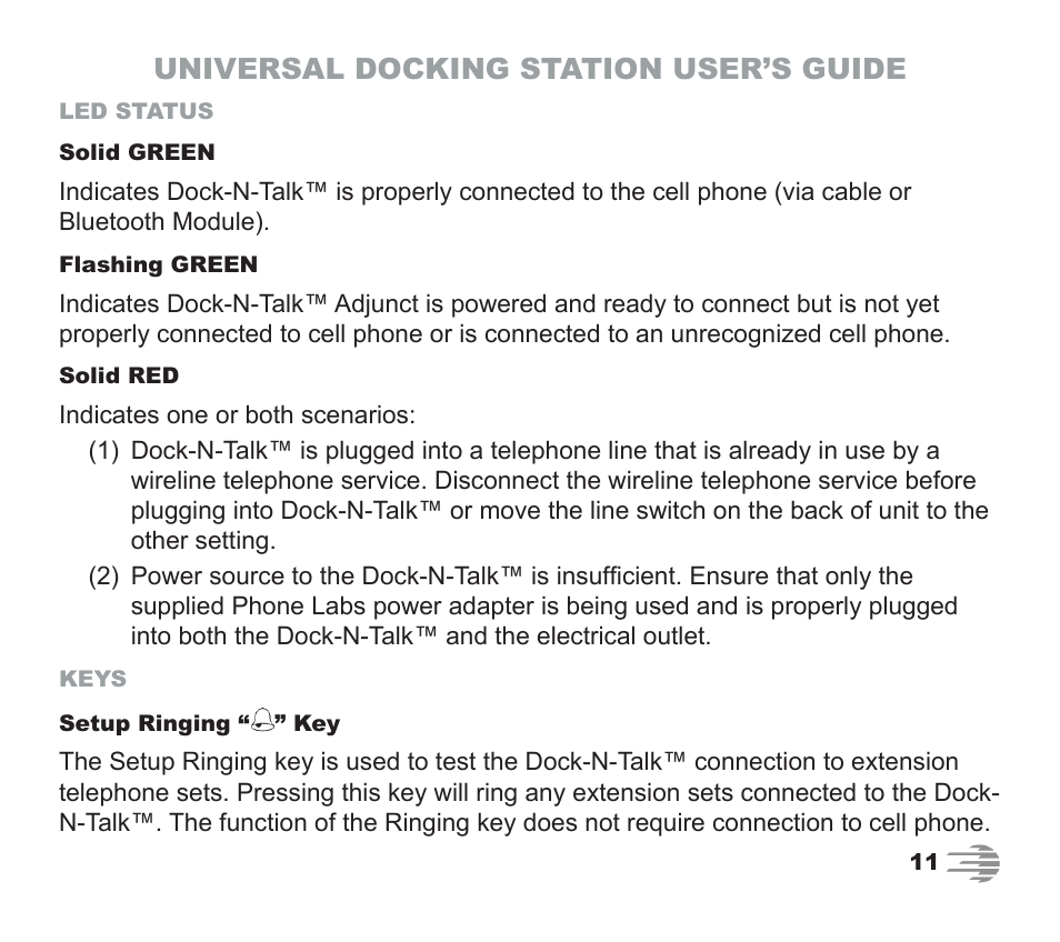 Universal docking station user’s guide | Phone Labs Technology Company Phone Labs Dock-N-Talk User Manual | Page 11 / 28
