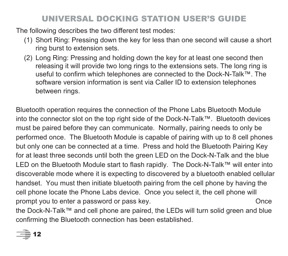 Universal docking station user’s guide | Phone Labs Technology Company Phone Labs Dock-N-Talk User Manual | Page 12 / 28