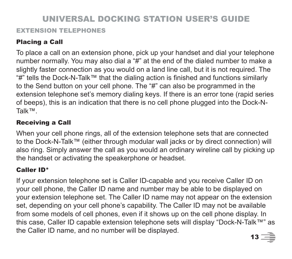 Universal docking station user’s guide | Phone Labs Technology Company Phone Labs Dock-N-Talk User Manual | Page 13 / 28
