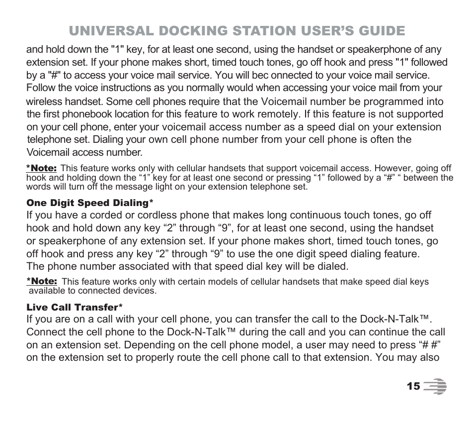 Universal docking station user’s guide | Phone Labs Technology Company Phone Labs Dock-N-Talk User Manual | Page 15 / 28