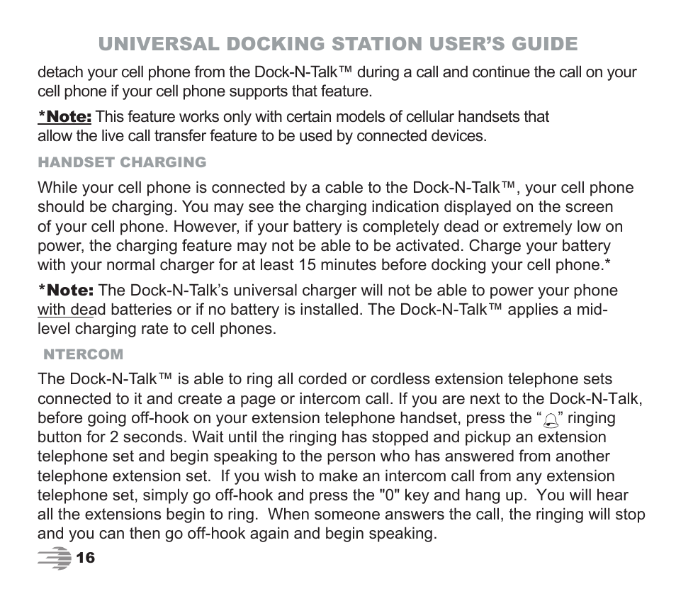 Universal docking station user’s guide | Phone Labs Technology Company Phone Labs Dock-N-Talk User Manual | Page 16 / 28