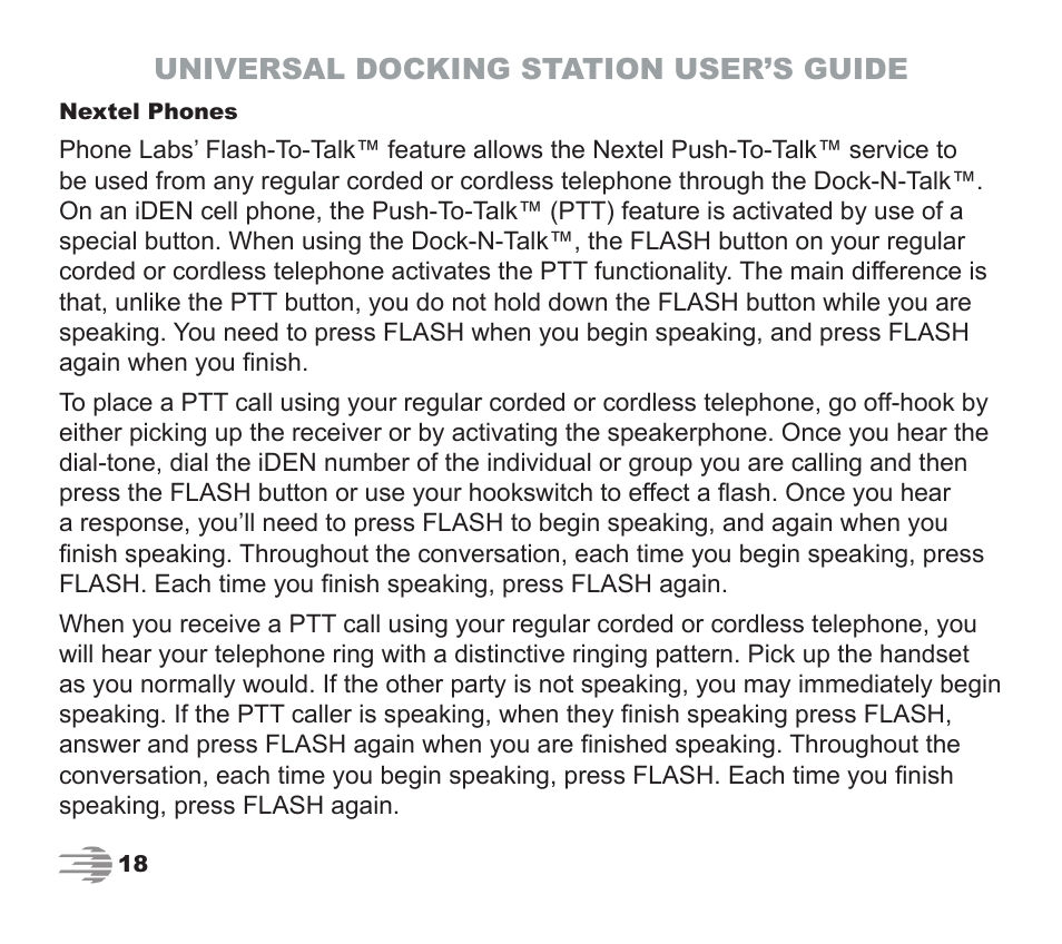 Universal docking station user’s guide | Phone Labs Technology Company Phone Labs Dock-N-Talk User Manual | Page 18 / 28