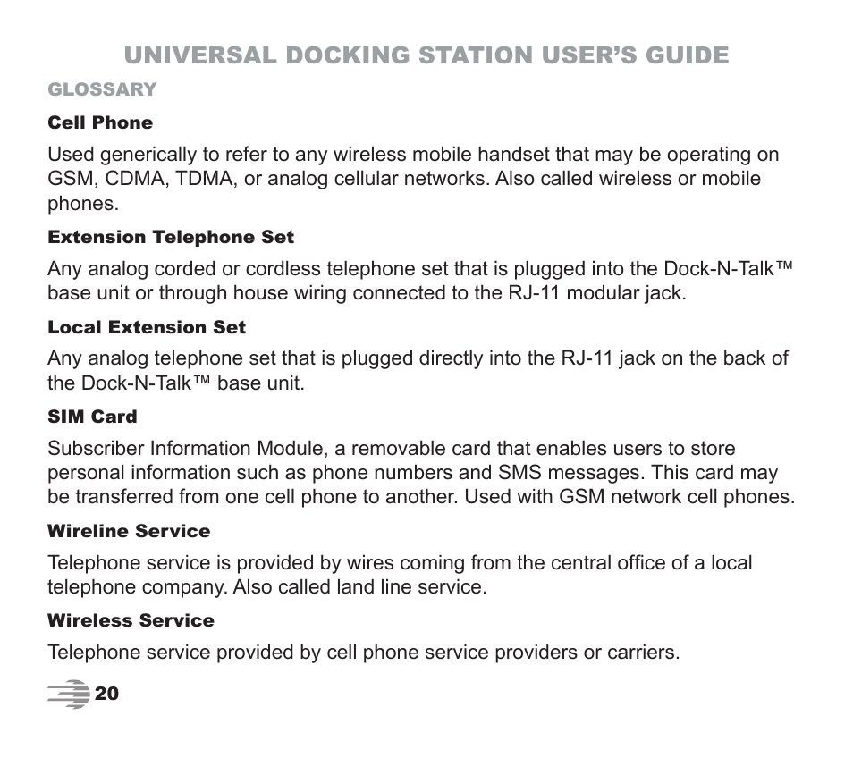 Universal docking station user’s guide | Phone Labs Technology Company Phone Labs Dock-N-Talk User Manual | Page 20 / 28