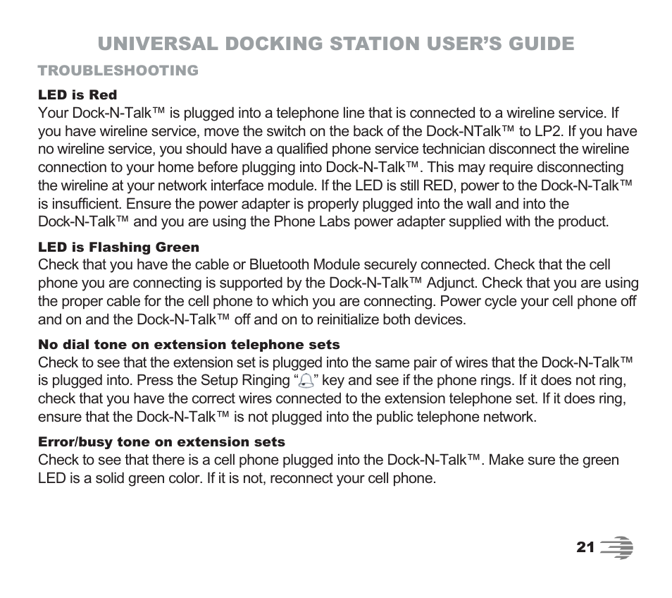 Universal docking station user’s guide | Phone Labs Technology Company Phone Labs Dock-N-Talk User Manual | Page 21 / 28