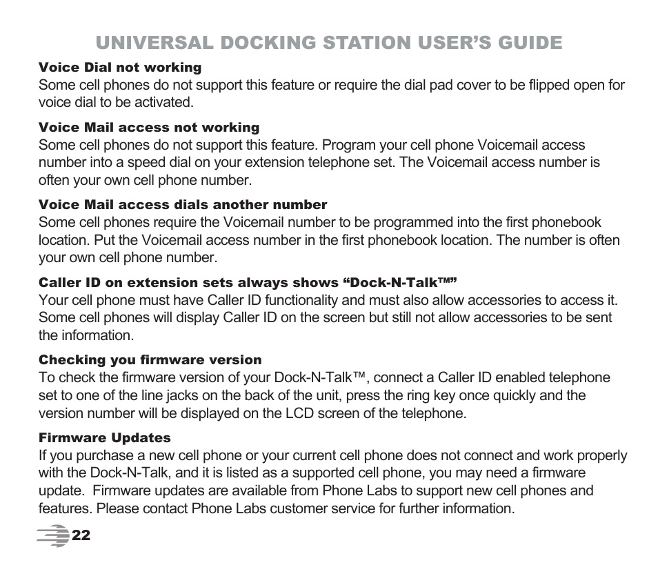 Universal docking station user’s guide | Phone Labs Technology Company Phone Labs Dock-N-Talk User Manual | Page 22 / 28