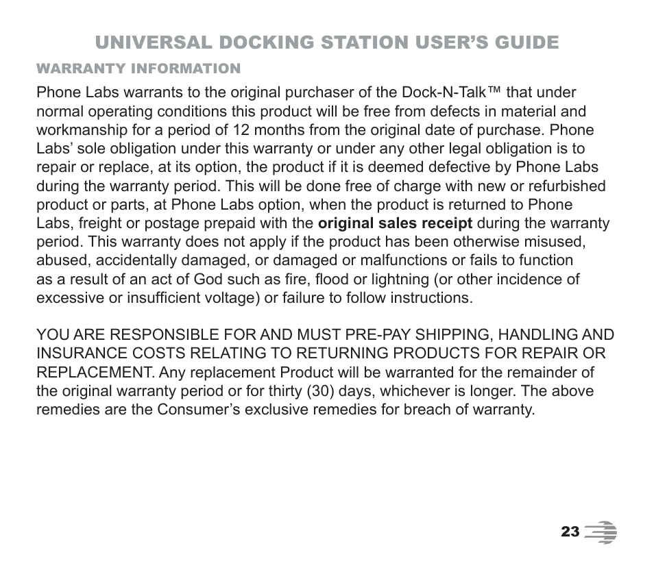 Universal docking station user’s guide | Phone Labs Technology Company Phone Labs Dock-N-Talk User Manual | Page 23 / 28
