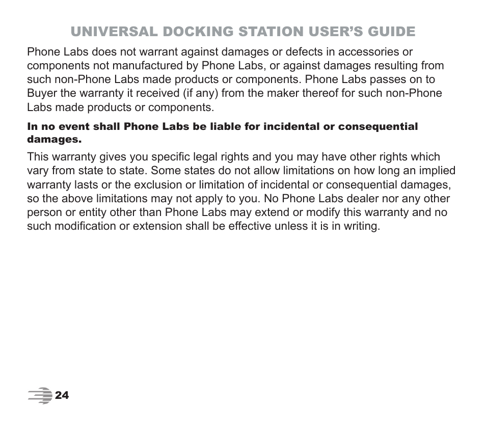 Universal docking station user’s guide | Phone Labs Technology Company Phone Labs Dock-N-Talk User Manual | Page 24 / 28