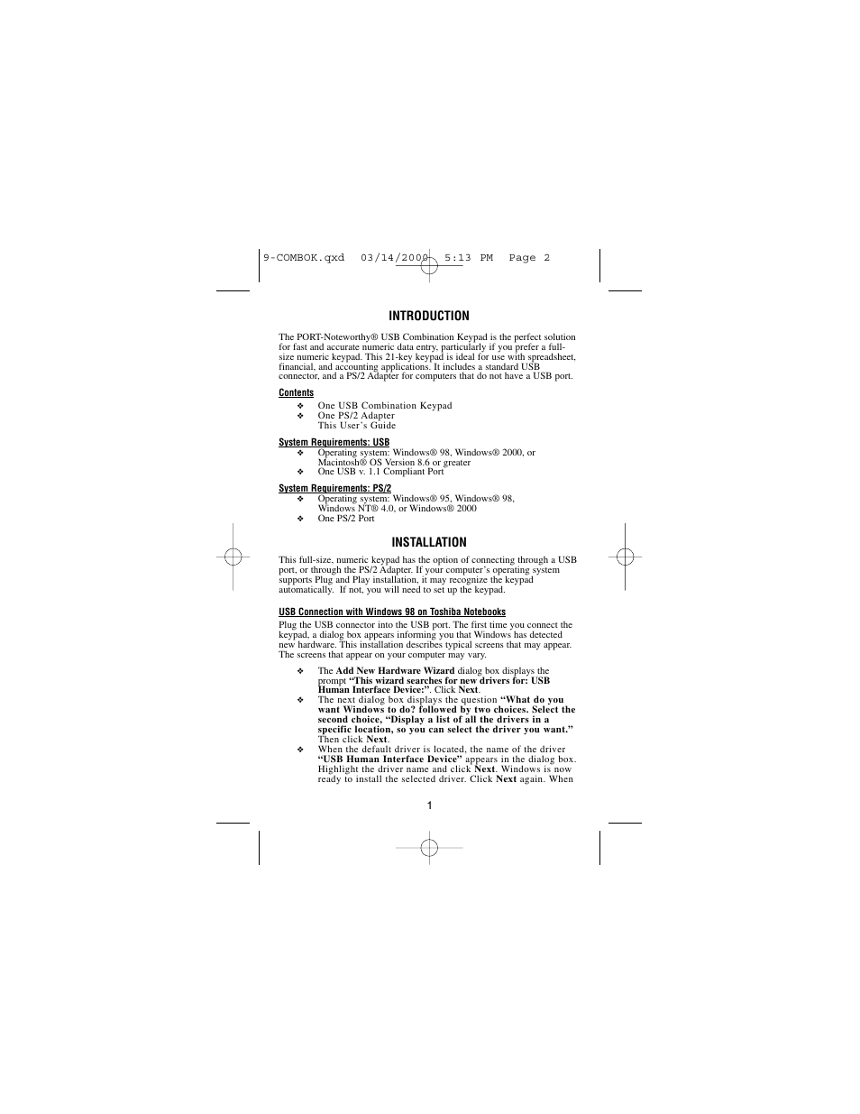 Introduction, Installation | PORT noteworthy usb combo keypad 9-combok.qxd User Manual | Page 2 / 7