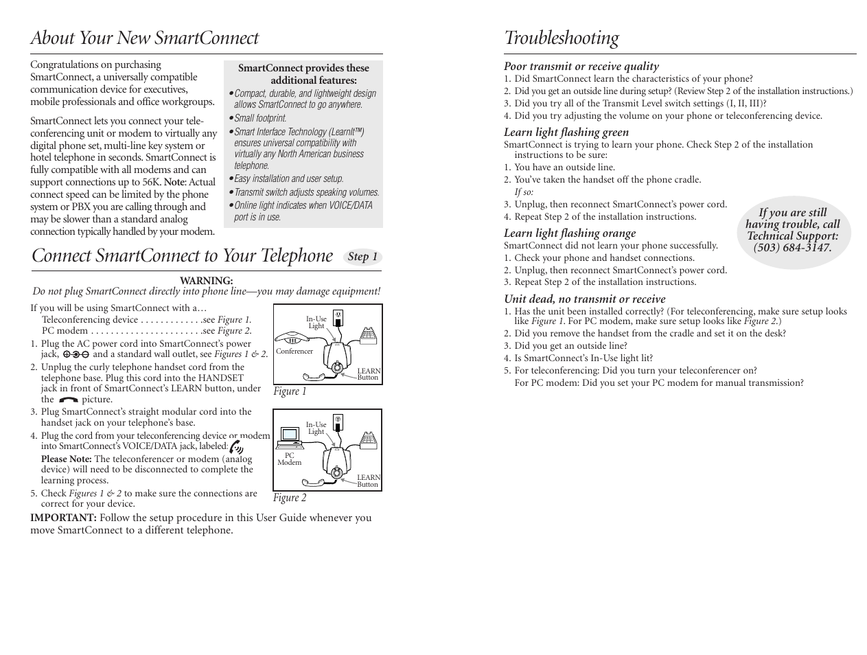 About your new smartconnect, Connect smartconnect to your telephone, Troubleshooting | PORT SmartConnect Smart Connect Digital Adapter User Manual | Page 2 / 6