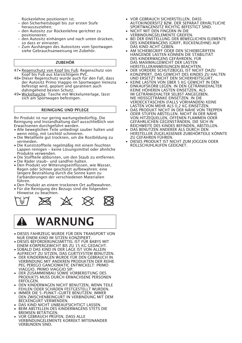 Warnung | Peg-Perego Uno User Manual | Page 24 / 64