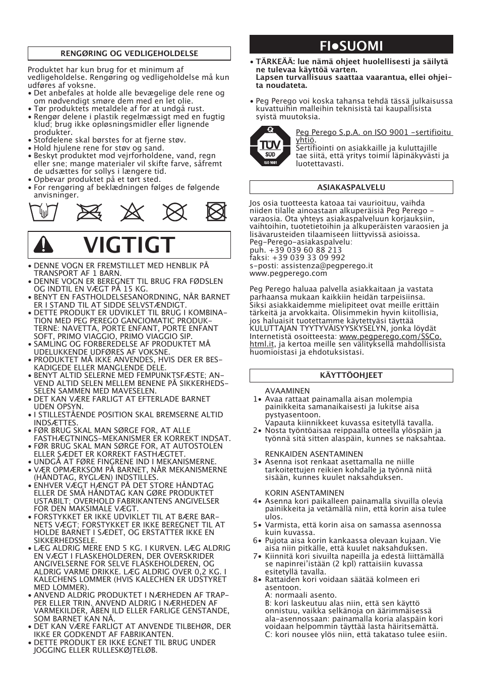 Vigtigt, Fi•suomi | Peg-Perego Uno User Manual | Page 36 / 64