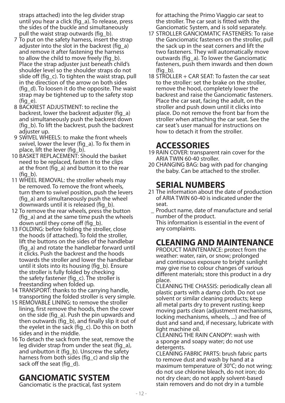 Ganciomatic system, Accessories, Serial numbers | Cleaning and maintenance | Peg-Perego ARIA TWIN 60-40 User Manual | Page 12 / 20