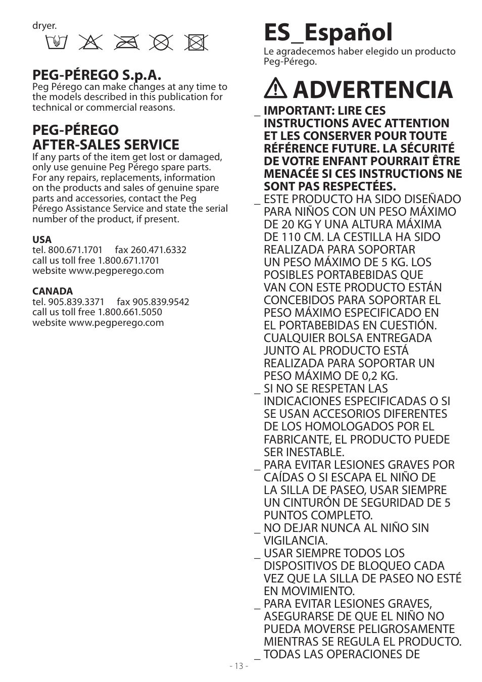 Es_español, Advertencia, Peg-pérego s.p.a | Peg-pérego after-sales service | Peg-Perego ARIA TWIN 60-40 User Manual | Page 13 / 20