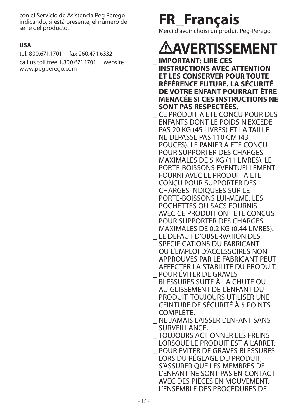 Fr_français, Avertissement | Peg-Perego ARIA TWIN 60-40 User Manual | Page 16 / 20