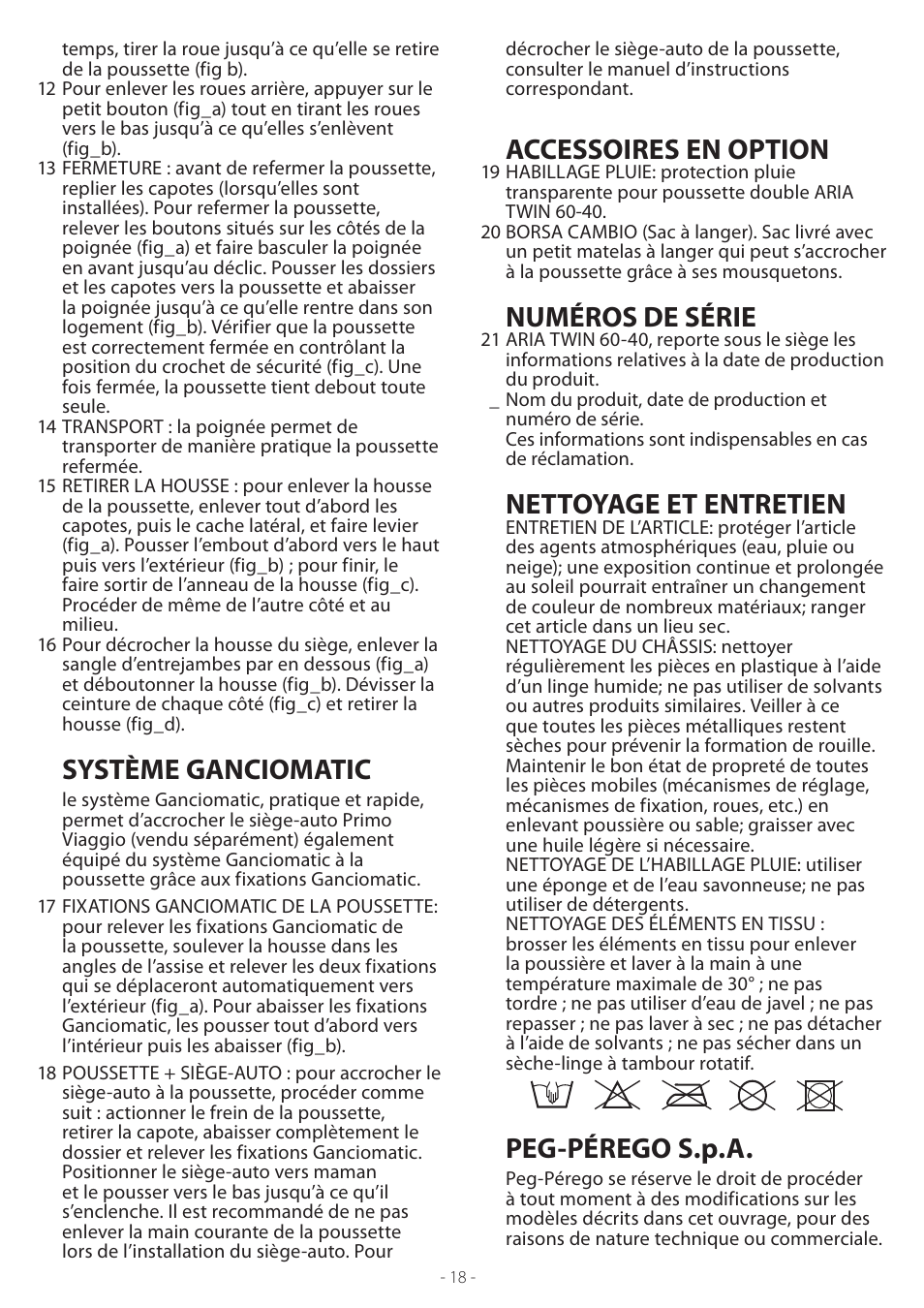 Système ganciomatic, Accessoires en option, Numéros de série | Nettoyage et entretien, Peg-pérego s.p.a | Peg-Perego ARIA TWIN 60-40 User Manual | Page 18 / 20