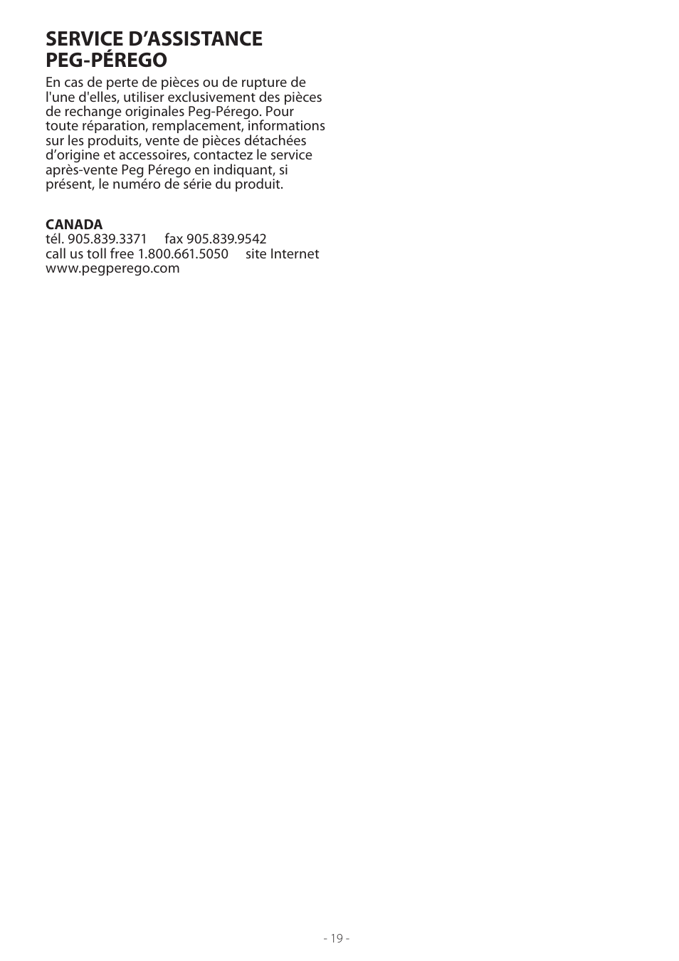 Service d’assistance peg-pérego | Peg-Perego ARIA TWIN 60-40 User Manual | Page 19 / 20