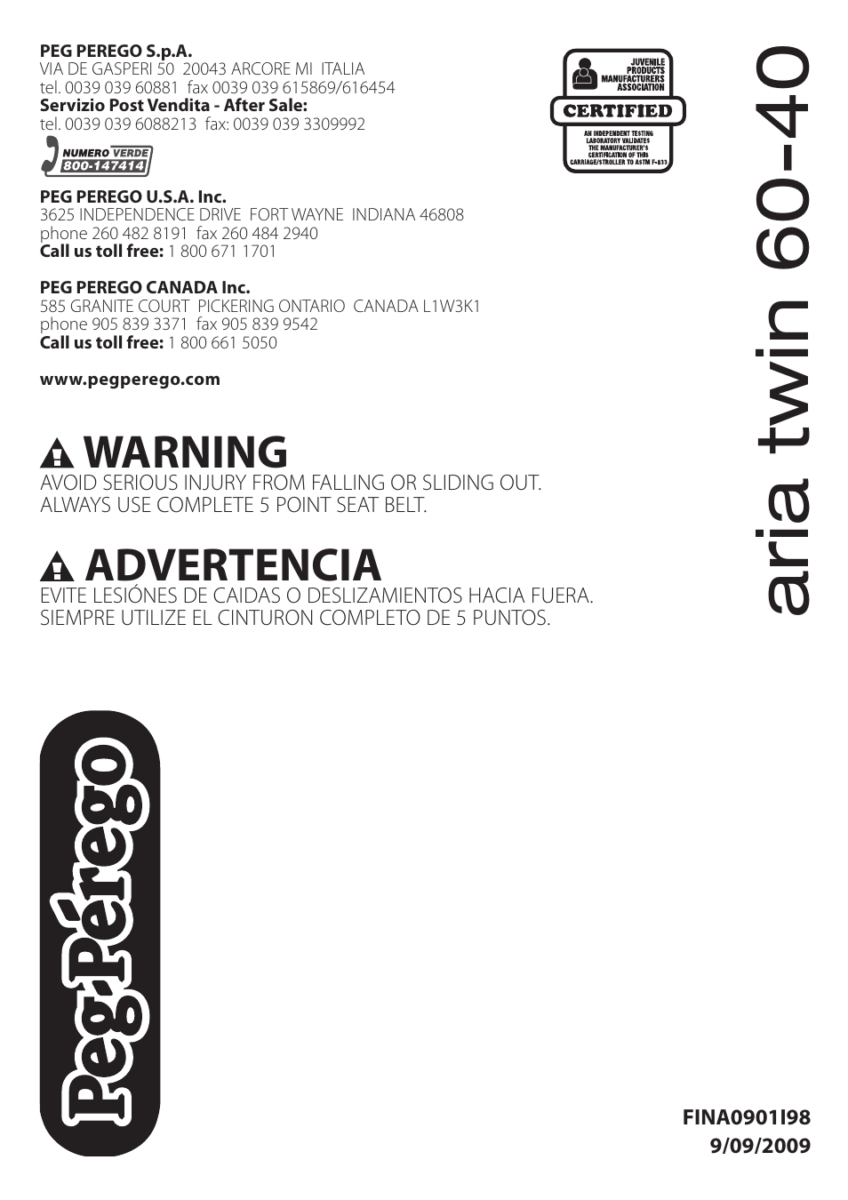 Aria twin 60-40, Warning, Advertencia | Peg-Perego ARIA TWIN 60-40 User Manual | Page 20 / 20