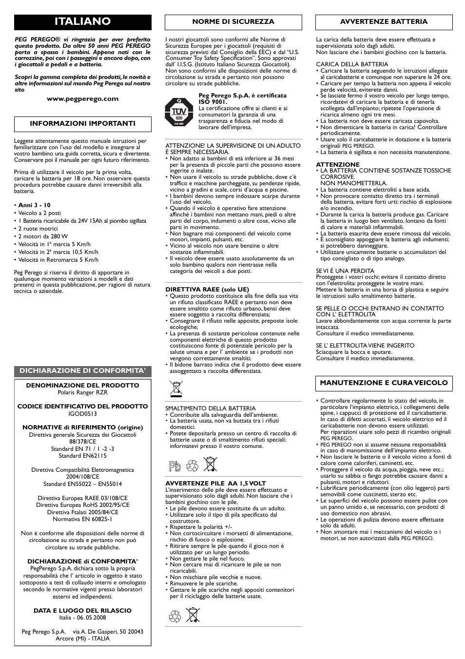 Italiano | Peg-Perego Polaris Ranger RZR User Manual | Page 11 / 52