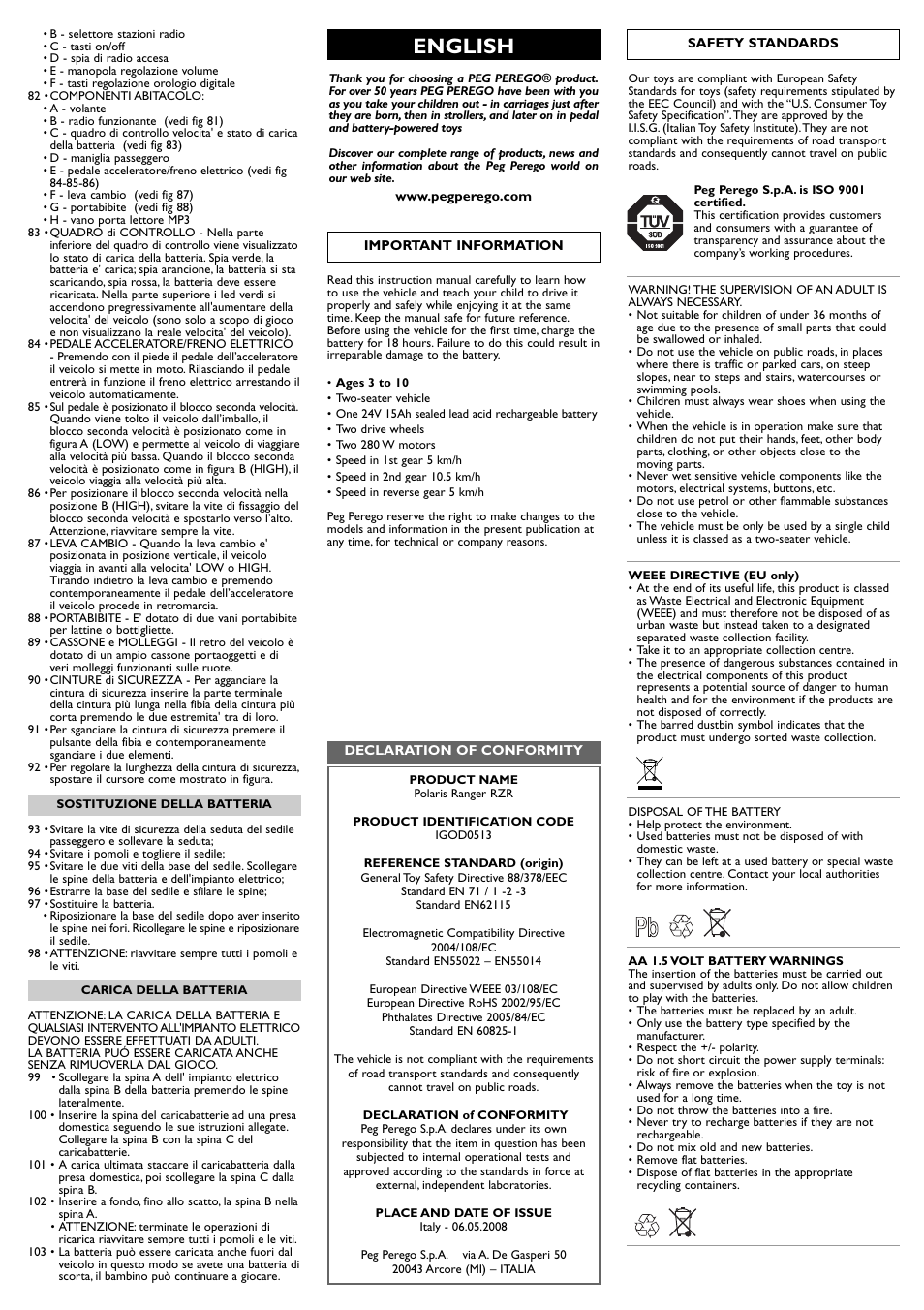 English | Peg-Perego Polaris Ranger RZR User Manual | Page 13 / 52