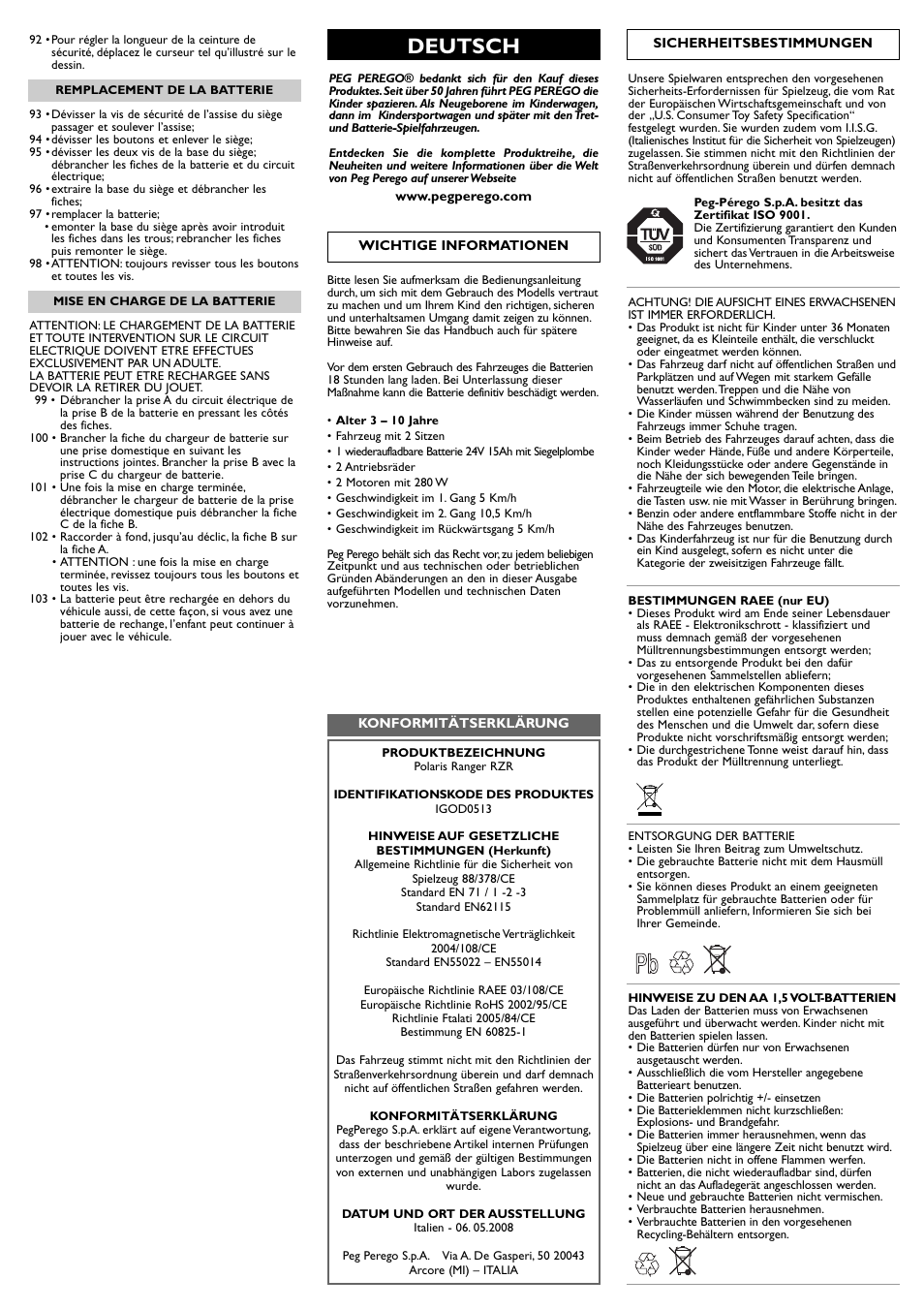 Deutsch | Peg-Perego Polaris Ranger RZR User Manual | Page 18 / 52