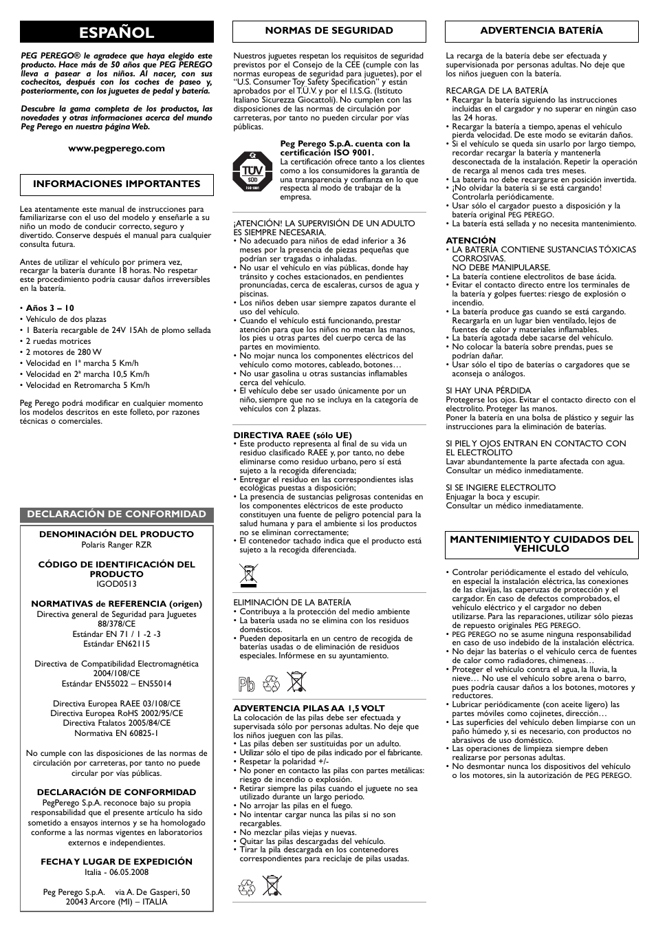 Español | Peg-Perego Polaris Ranger RZR User Manual | Page 21 / 52