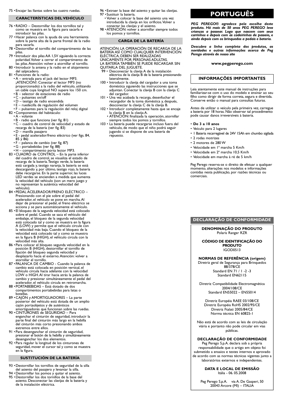 Português | Peg-Perego Polaris Ranger RZR User Manual | Page 23 / 52