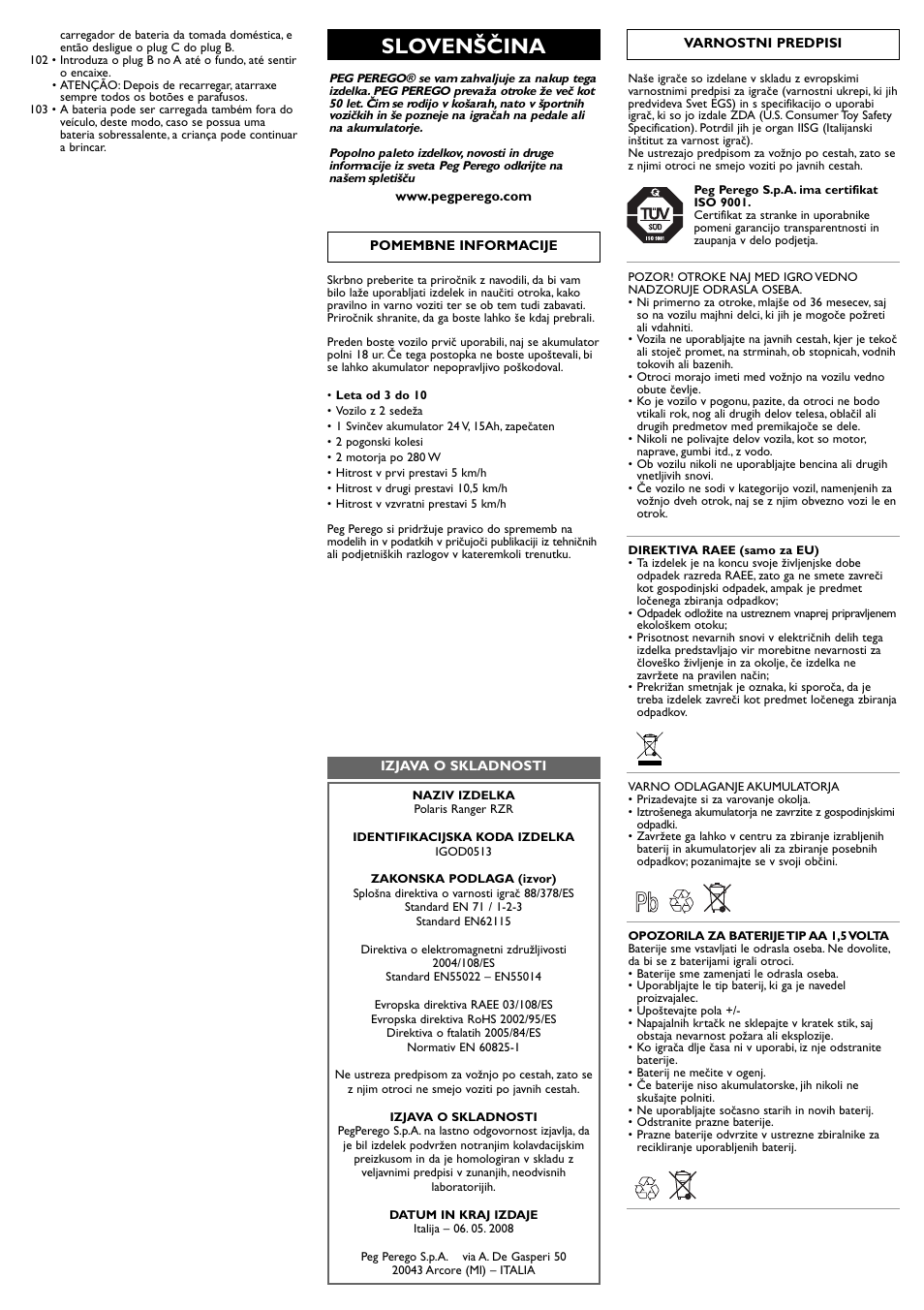 Slovenščina | Peg-Perego Polaris Ranger RZR User Manual | Page 26 / 52