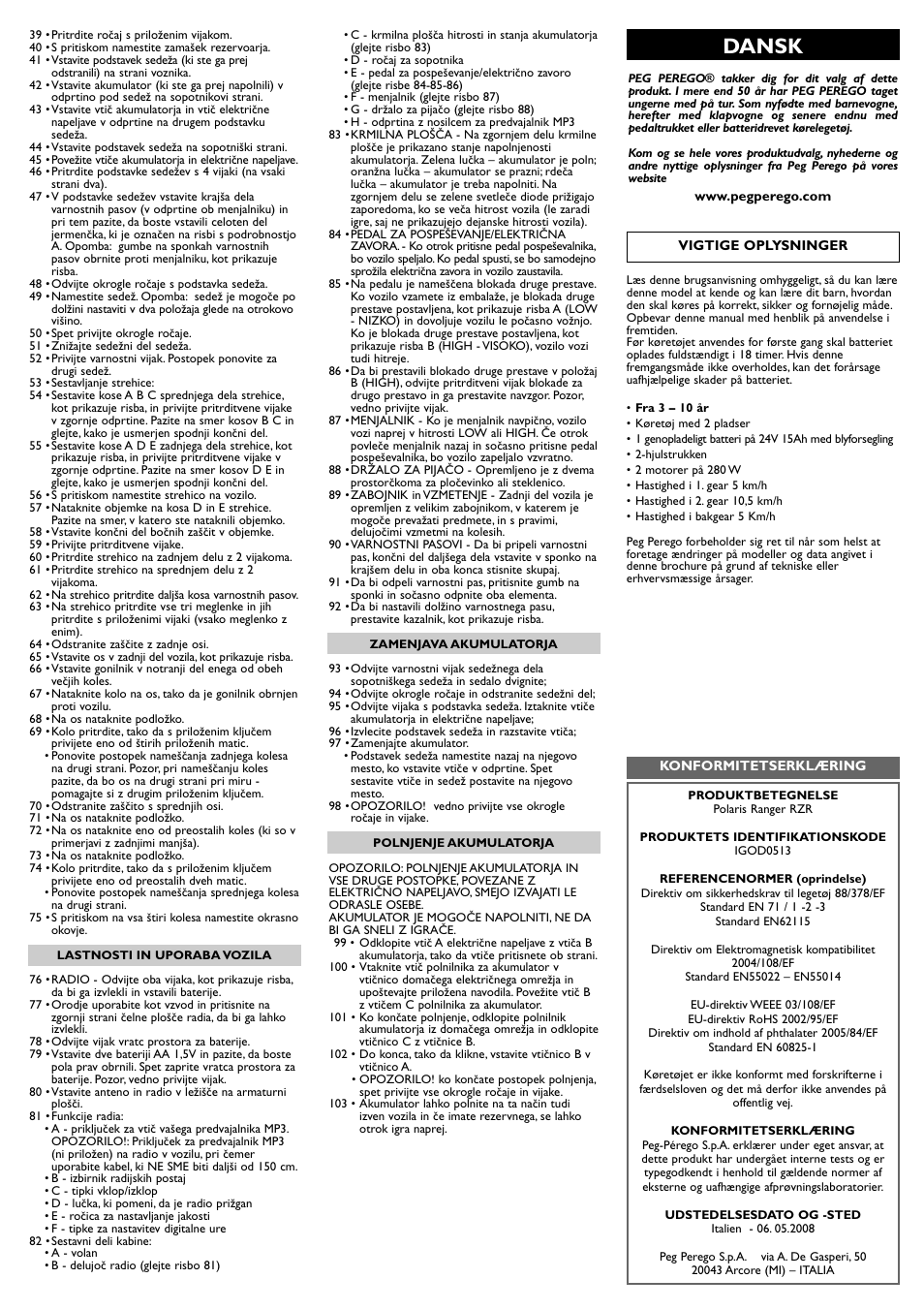 Dansk | Peg-Perego Polaris Ranger RZR User Manual | Page 28 / 52