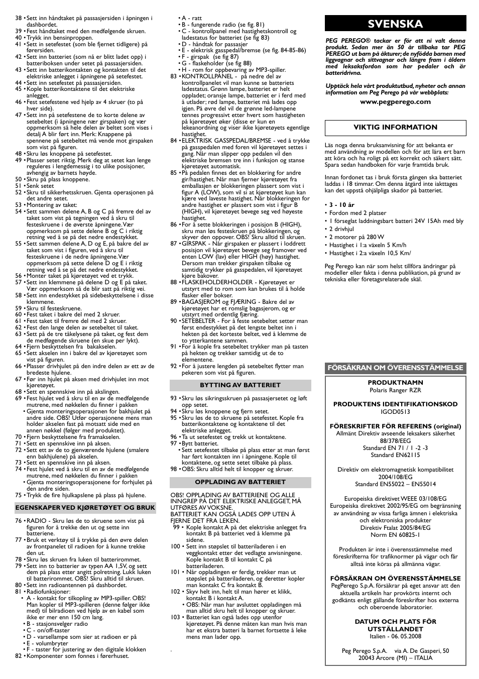 Svenska | Peg-Perego Polaris Ranger RZR User Manual | Page 36 / 52