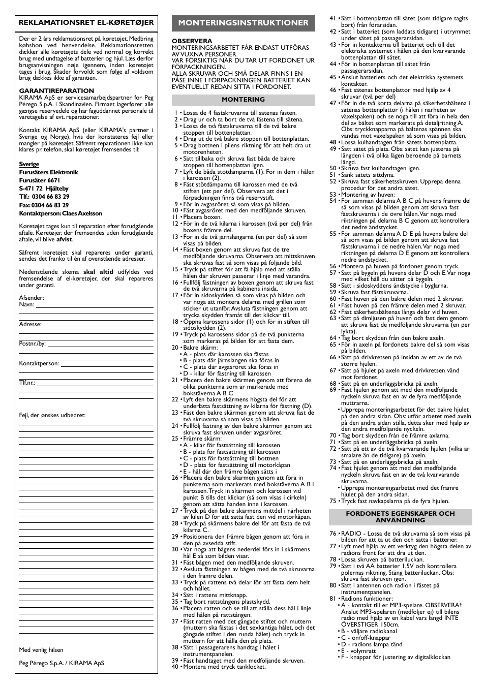 Monteringsinstruktioner | Peg-Perego Polaris Ranger RZR User Manual | Page 38 / 52