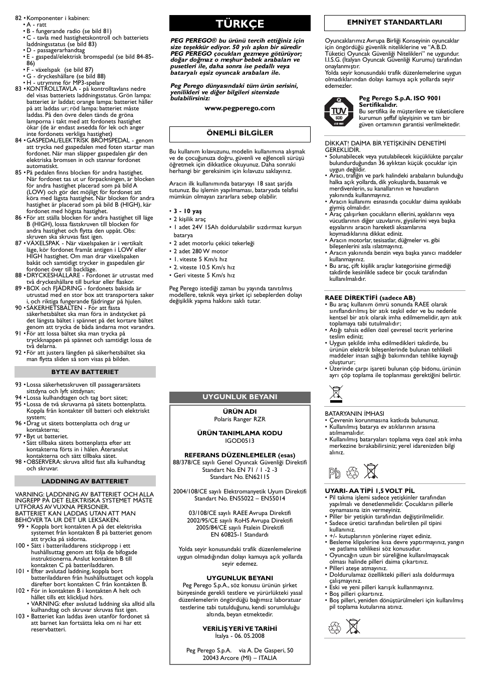Türkçe | Peg-Perego Polaris Ranger RZR User Manual | Page 39 / 52
