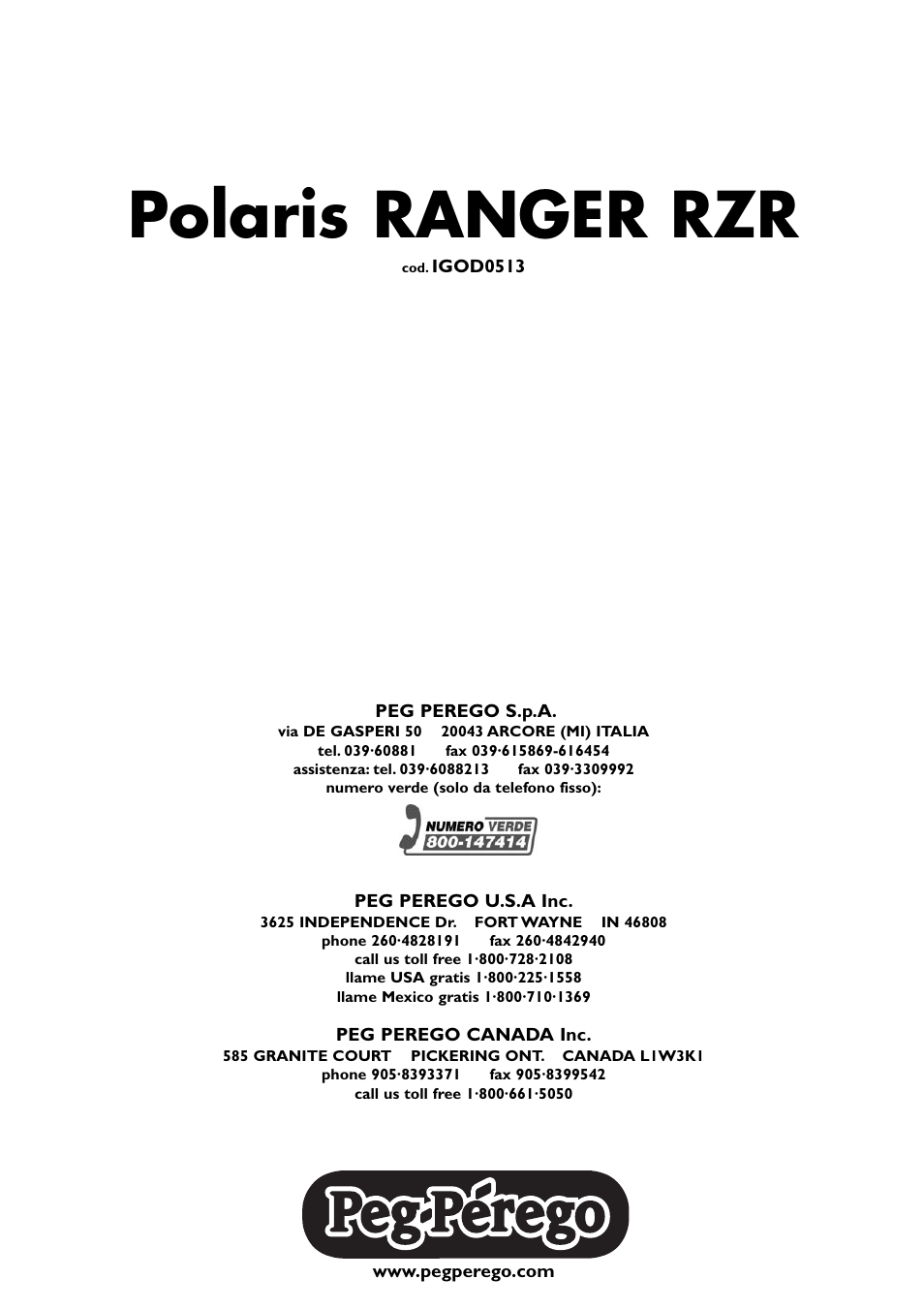 Polaris ranger rzr | Peg-Perego Polaris Ranger RZR User Manual | Page 52 / 52