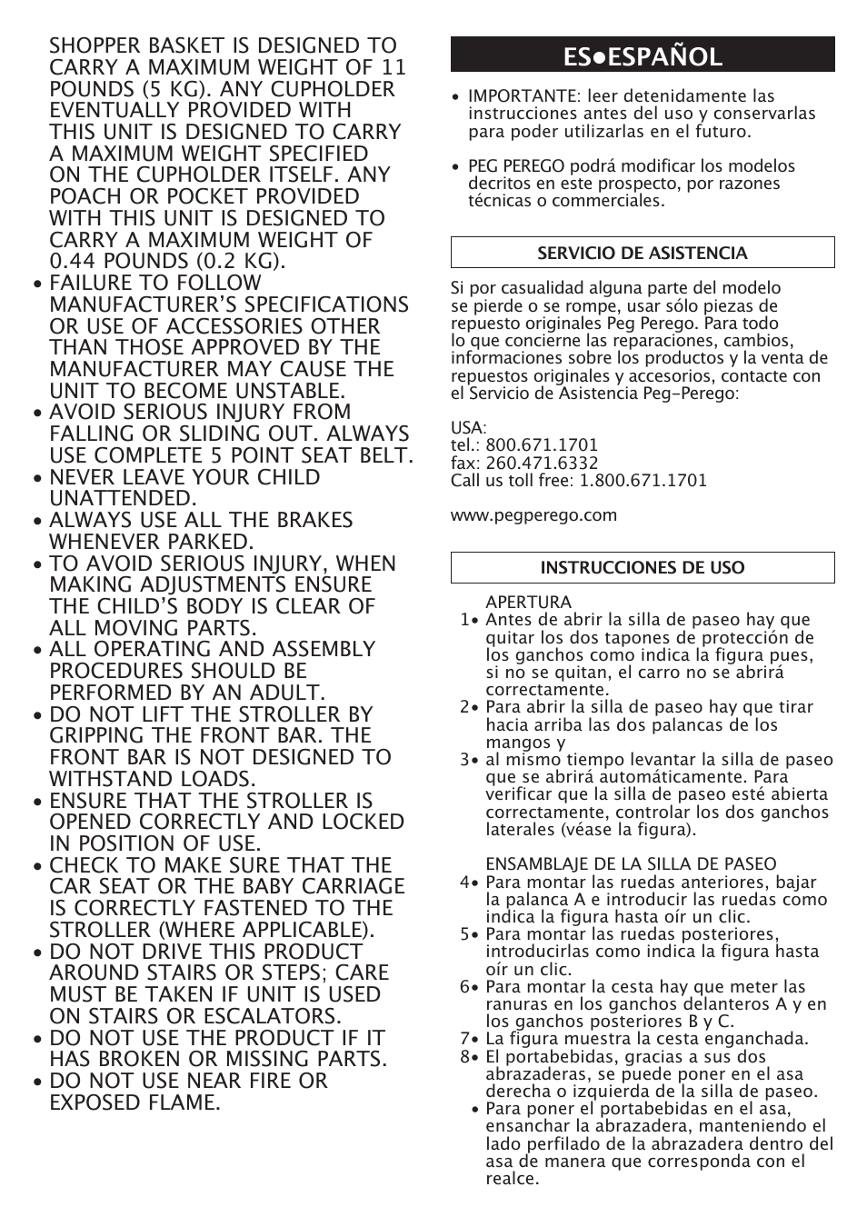 Es•español | Peg-Perego P3 User Manual | Page 12 / 20