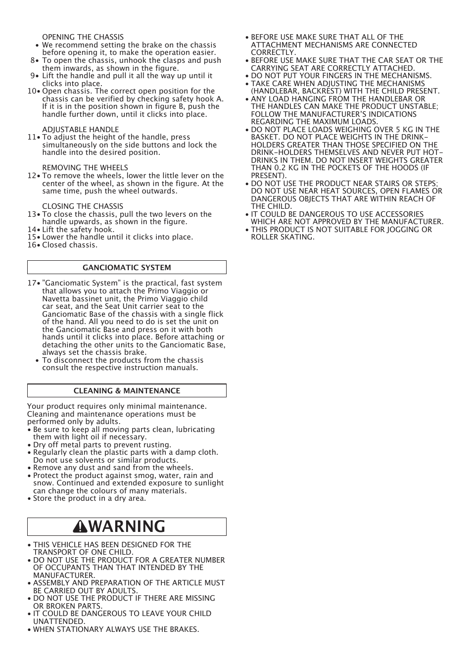 Warning | Peg-Perego Classico User Manual | Page 10 / 36
